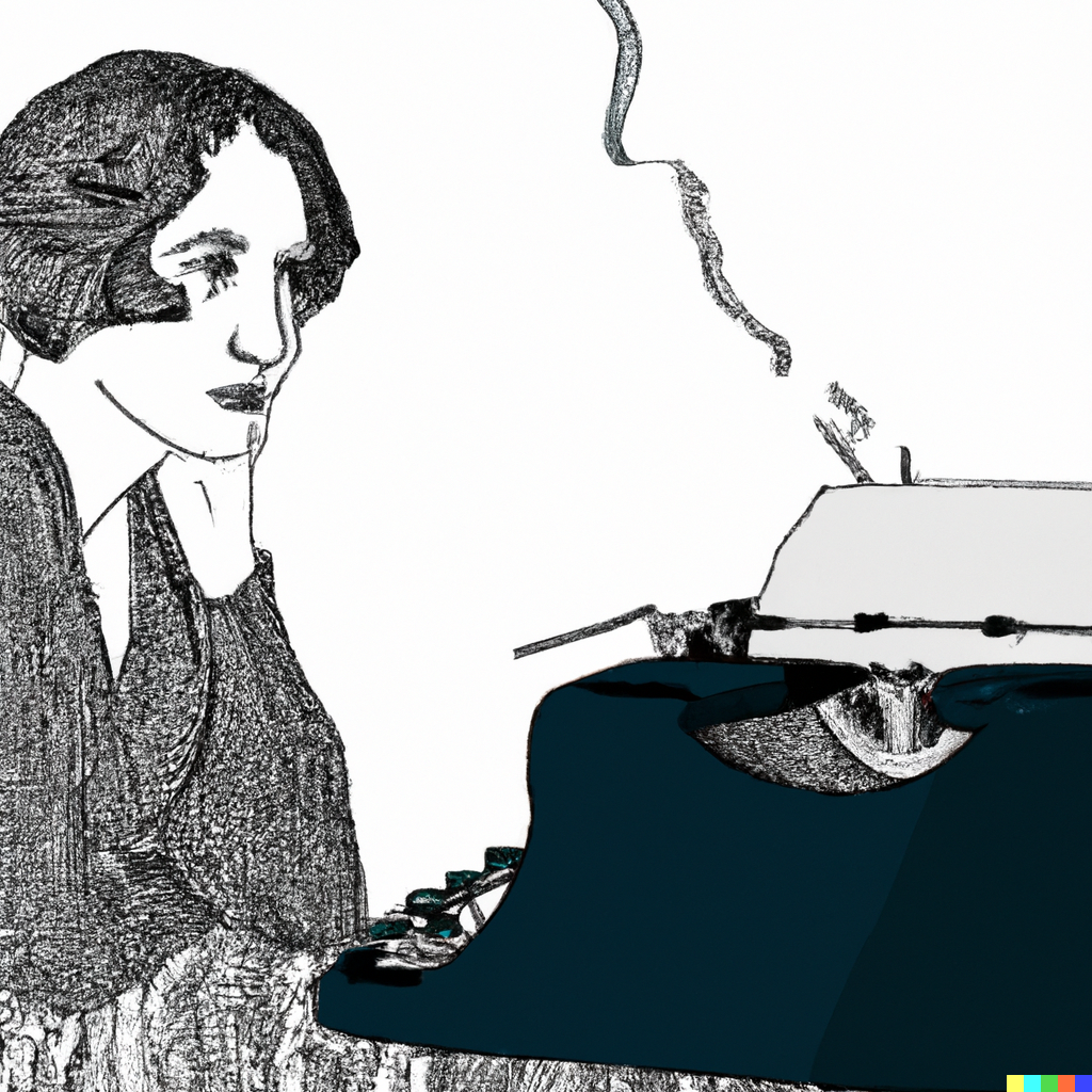 Virginia Woolf schaut einer selbstschreibenden Schreibmaschine zu.